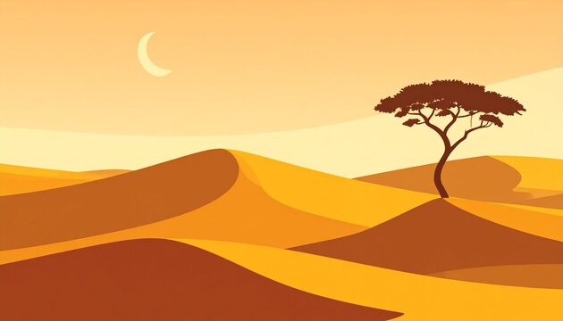 A minimalist desert landscape at dawn. Smooth, rolling sand dunes in soft ochre and gold. A single, stylized acacia tree silhouette. Clear, pale orange sky with a tiny crescent moon. Flat design, vect