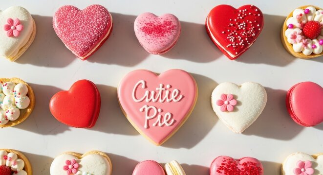 Heart-shaped cookies and macarons in various pink and red shades, one cookie says cutie pie.