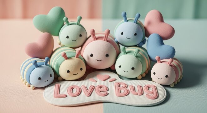 Group of cute love bug figurines with pastel hearts and text love bug.