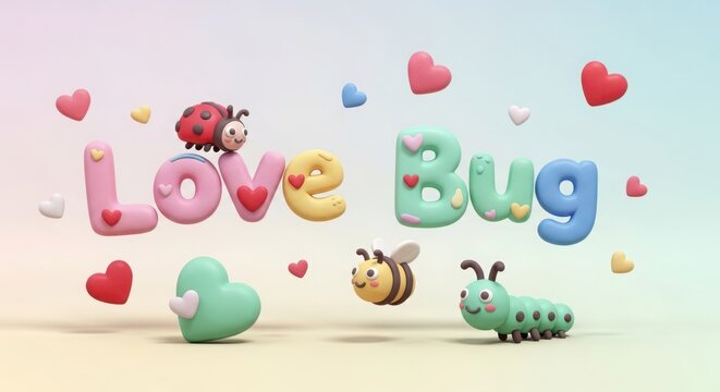 Love bug theme cute 3d typography design with tiny insects and floating hearts on gradient pastel color background.