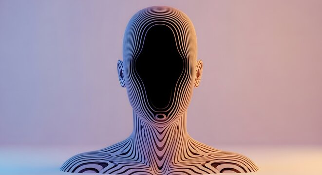 Abstract hollow bust made of layered wavy lines with a blank face. Mental emptiness and complex psychological void concepts. Stripy digital avatar standing under bright colorful neon lights.