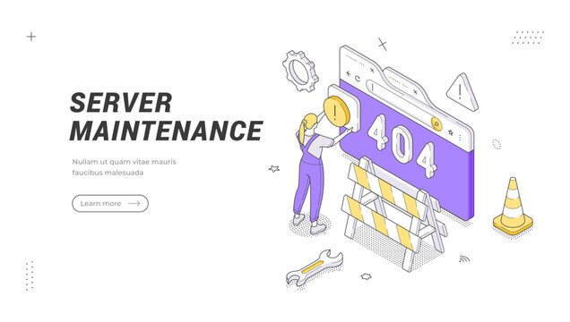 Website under construction and 404 error page isometric banner template. Server maintenance and technical support service vector illustration. System update and connection failure concept design