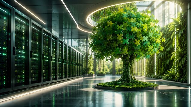 Sustainable server room interior with a conceptual puzzle tree and living plant walls highlighting eco-conscious data management and green IT infrastructure