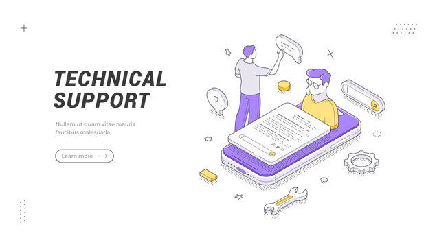 Online technical support and customer service isometric banner template. Call center and helpdesk assistance for mobile app vector illustration. Concept for problem solving and user guidance
