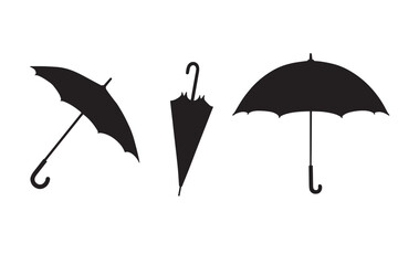 Black umbrella silhouette set, minimalist rain protection icons, collection of three parasol shapes in open and closed positions for weather design © Faisal