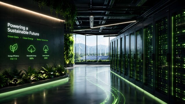 Modern server facility powering a sustainable future with glowing energy trails renewable power icons and zero carbon footprint metrics