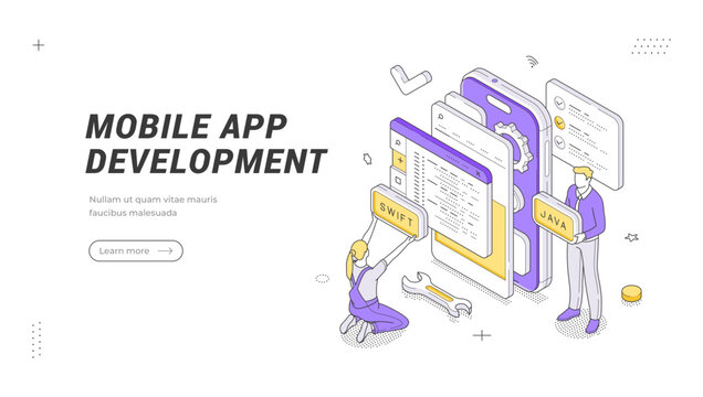 Mobile app development isometric banner template. Technology process vector illustration with phone screen. Concept for programming, coding, UI, UX design, software and digital interface