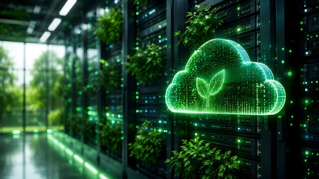 Glowing green cloud computing symbol with a leaf inside on a modern server rack integrated with lush plants for environmental sustainability