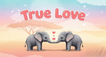 Fototapeta premium Two adorable cartoon elephants touching trunks forming heart shape with cute text above in savannah landscape scene.