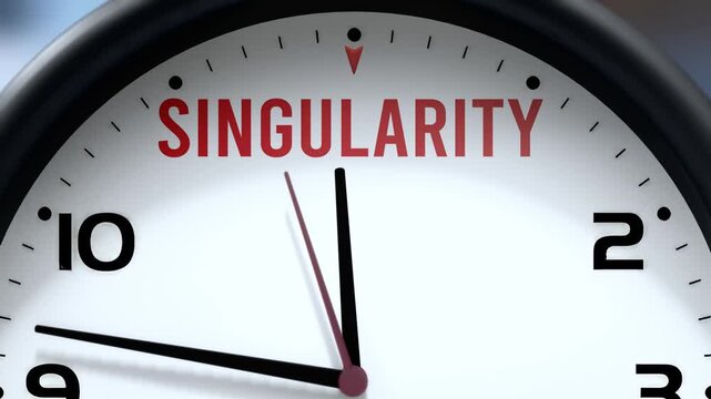 Singularity that is going to happen soon. Upcoming singularity, approaching in the near future. Singularity almost here, in a short time - a clock symbolizes a reminder that singularity is near.