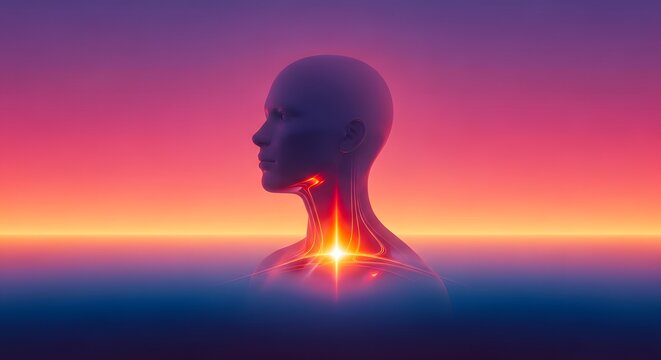 Futuristic humanoid profile silhouette with glowing energy core. Artificial intelligence and spiritual awakening. Ethereal synthetic being radiating bright light against a sunset horizon.