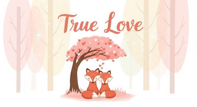 Cartoon illustration of cute foxy pair sitting under blossoming pink heart tree in forest for valentine card design.