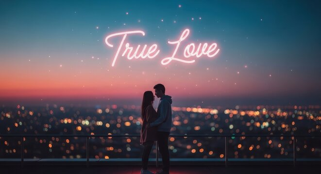 Young couple standing on rooftop at night looking at each other with neon true love sign glowing above them.