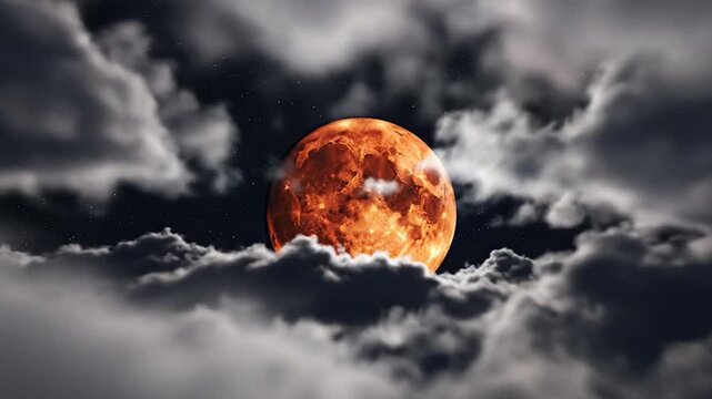 Lunar Eclipse Through The Clouds FILE VIDEO. AI GENERATED.