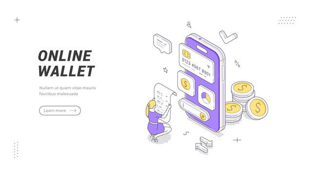 Isometric banner template for an online wallet. Digital e-payment vector illustration. A concept for a mobile e-wallet, secure transaction, and money transfer for a website landing page
