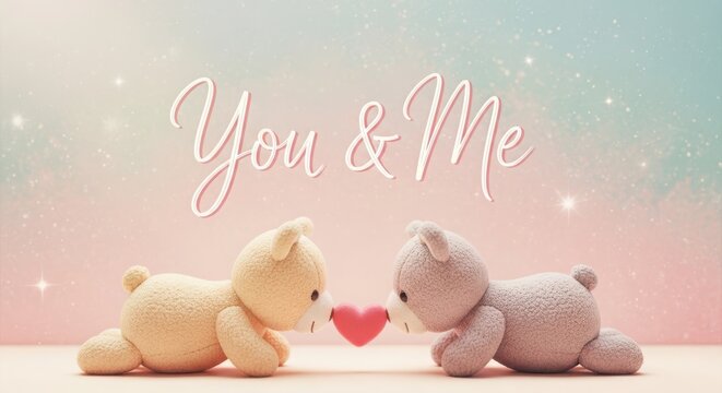 Two plush teddy bears touching noses with red heart between them on soft pastel sparkling background scene style.