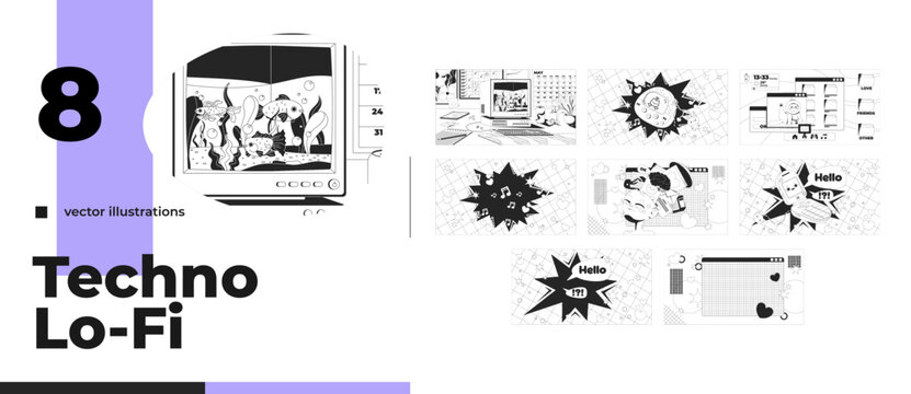 Lo fi Y2K nostalgic aesthetic line illustration pack. CRT computer aquarium. Retro virtual pet. 2000s desktop. Flip phone. Black and white LoFi wallpapers. Flat vector outline cartoon art collection
