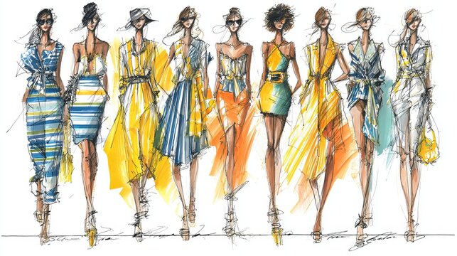 A vibrant illustration of fashionable models showcasing stylish summer dresses on a runway.