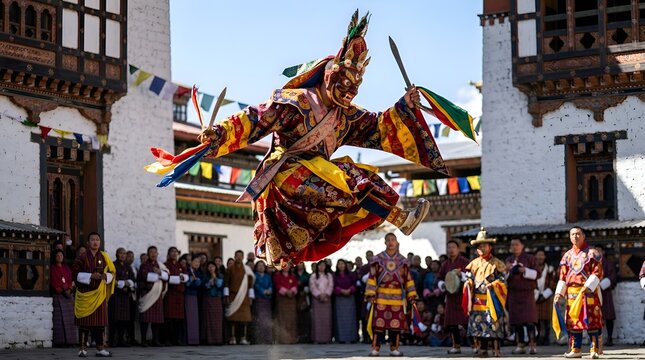 Bhutanese masked dancer jumps during festival celebration