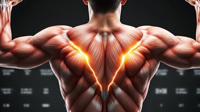 Rear view of muscular man performing pull ups in a gym showing highly defined back and arm anatomy