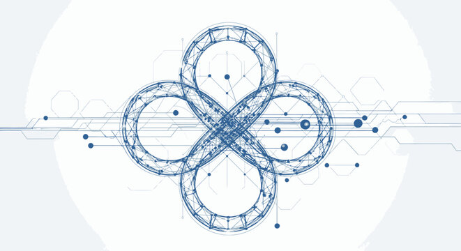 A blue graphic design with interconnected circles.