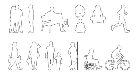 Fototapeta premium Architectural CAD People Outline Vector Collection Featuring Mixed Top Front Side and Back Views Conversation Sitting Jogging Grocery Carrying Parent Child Wheelchair and Cyclist Figures