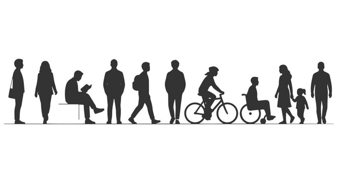 Architectural Human Figures Silhouette Set Featuring Calm Natural Poses Standing Sitting Reading Walking Cyclist Wheelchair User and Family Figures Vector Collection