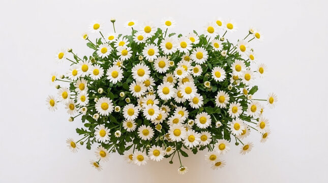 Buket Bunga Daisy Putih Segar Tampak Atas dengan Latar Belakang Putih Minimalis