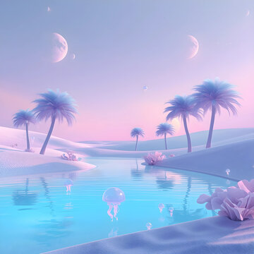 Dreamlike pastel desert oasis with tranquil water, palm trees, floating jellyfish and multiple moons in surreal sky, blending fantasy, levity and immersive appeal.