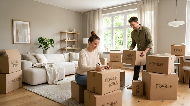 Couple packing moving boxes in new home, relocation concept