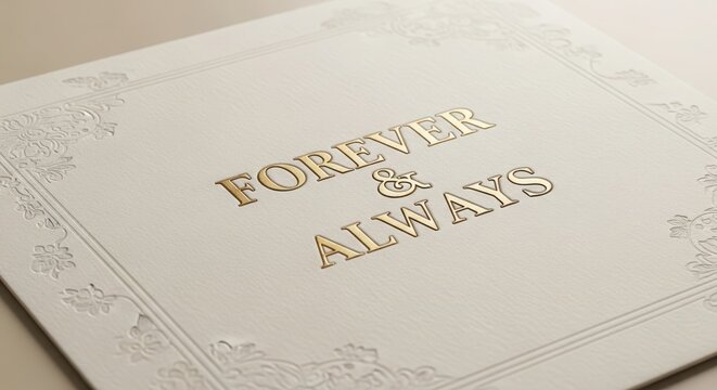 Embossed gold forever and always text on soft textured cream paper with ornate corner details.