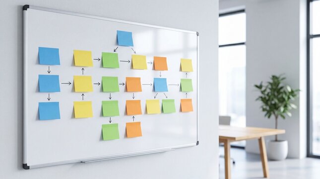 An organized workspace with sticky notes on a whiteboard, ideal for project planning.