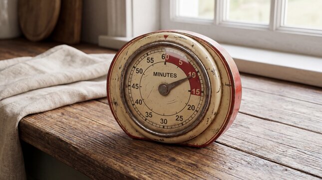 Vintage Analog Kitchen Timer on Rustic Wooden Countertop with Natural Morning Light