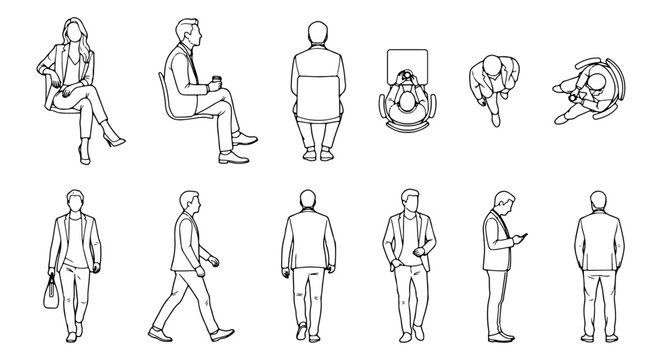 Architectural People Assets with Mixed Top View Front View Side Profile and Rear View Figures Relaxed Caf&eacute; and Walking Poses Realistic Proportions with Elegant Line Detailing Vector Architectural Ento