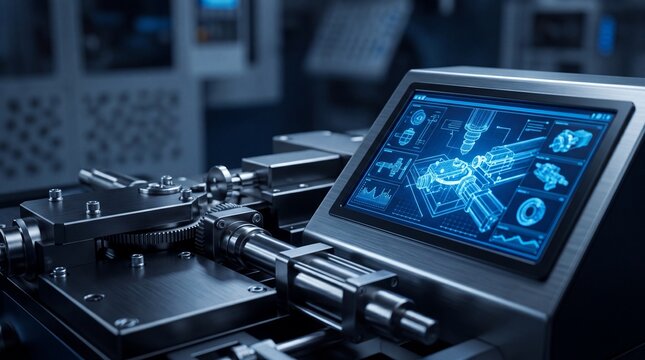 Close-up of a modern machine with a digital screen displaying technical data.
