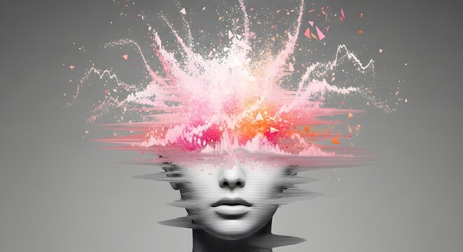 Monochrome woman face exploding into colorful digital particles and waves. Overwhelming data and creative mind explosion. Person experiencing a mental glitch with pink light.