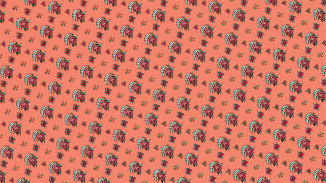 Vintage Style Handcrafted Tattoo Rose Pattern on Soft Coral Background