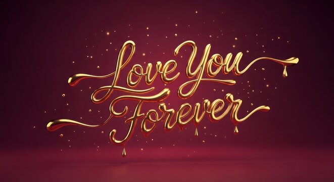Golden cursive script lettering reading love you forever with dripping liquid gold effect and glowing particles.