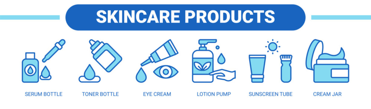 Skincare Products web banner icon vector illustration concept with icons of serum bottle, toner bottle, eye cream, lotion pump, sunscreen tube, and cream jar. 