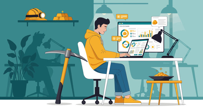 Cryptocurrency mining concept with man working on computer