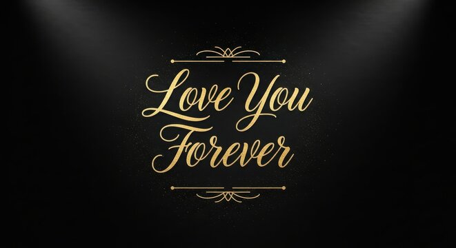 Elegant golden cursive love you forever text framed with intricate scrolls isolated on dark black studio background.