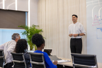 Fototapeta premium Smiling male executive giving a business presentation to a diverse group of professional colleagues in a modern corporate boardroom with a whiteboard.