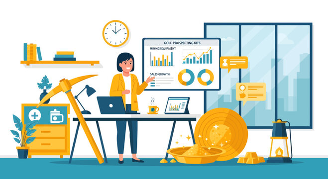 Businesswoman presenting gold prospecting data on screen