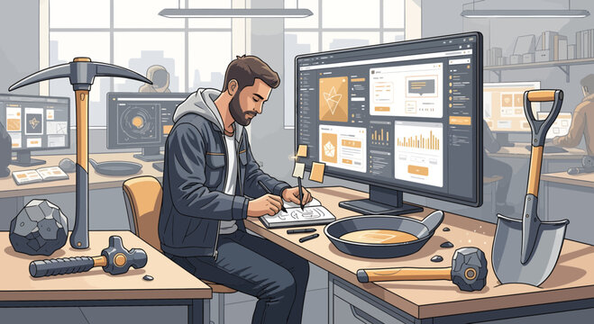 Man working on computer with mining tools on desk in office