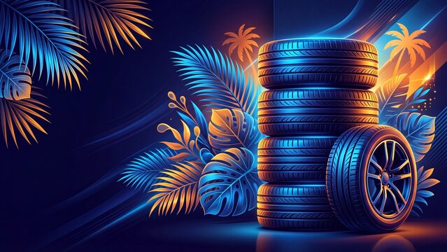 Stack of blue car tires surrounded by tropical palm and monstera leaves. Neon glowing automotive illustration for summer vacation travel concept. Road adventure and exotic getaway graphic design