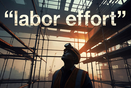 A construction worker looks up at a building under construction, emphasizing the physical exertion required for the job.