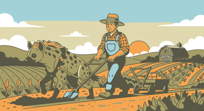 Farmer plowing field with hyena rural scene agriculture concept vector illustration