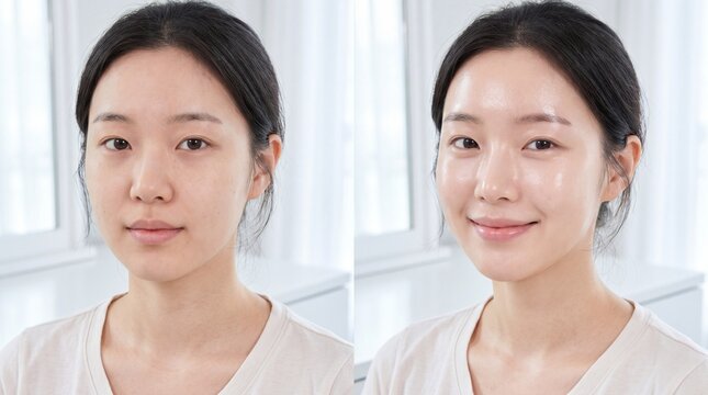 Before after glass skin Asian woman skincare glowing complexion healthy skin natural beauty radiant smooth transformation youthful clear fresh