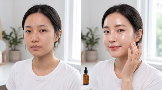 Before and after glass skin Asian woman skincare glowing complexion healthy skin natural beauty moisturizing facial care radiant smooth transformation indoors happiness