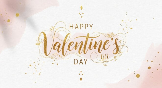 Happy valentine's day golden elegant script text with watercolor accents and glitter on white background.